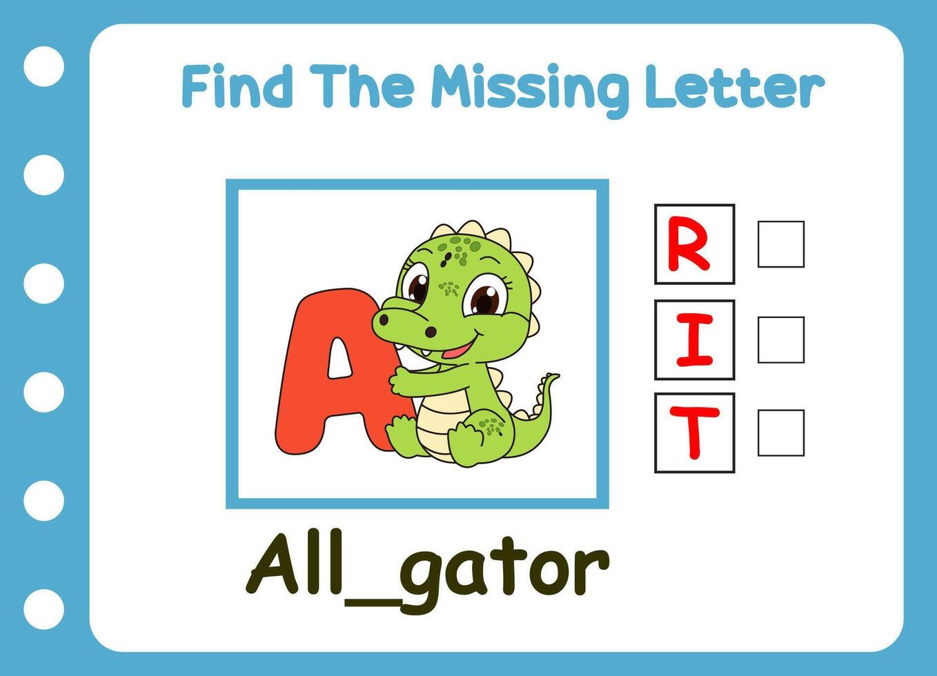 find the missing letter of alligator. cute little alligator sleep vector