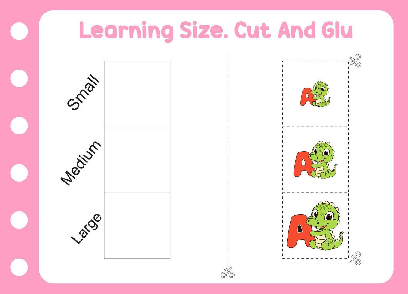 learning size , cut and glue alligator. kids education and play vector