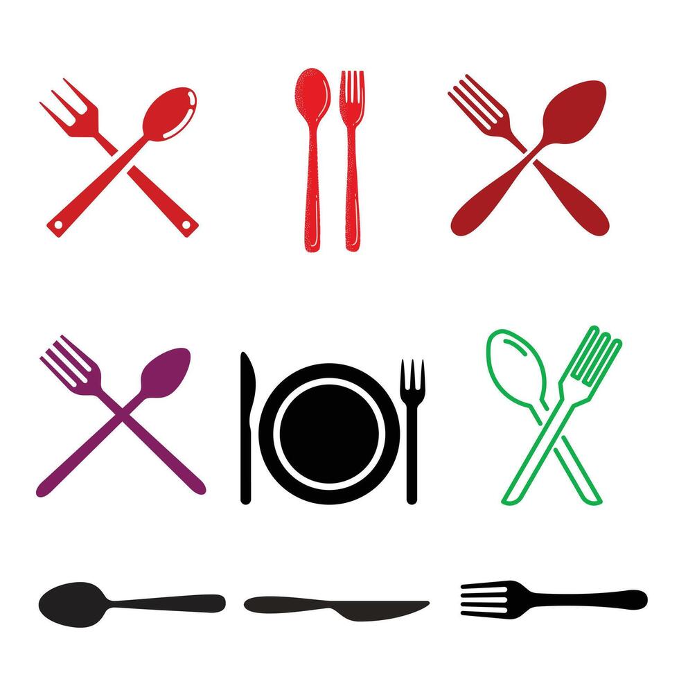 Cutlery Set Icons Spoons, Forks, Knives, and Plates vector