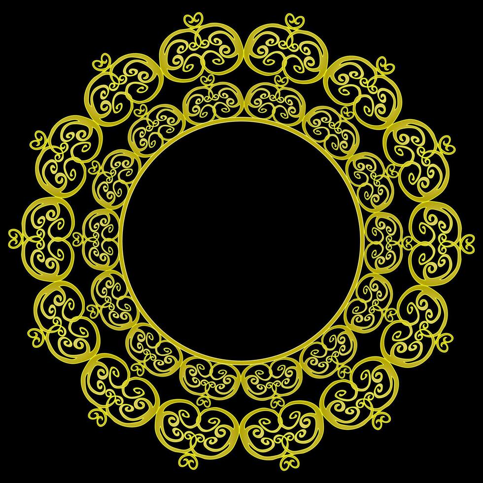 Round gold frame decorated with a beautiful original ornament on a black background vector