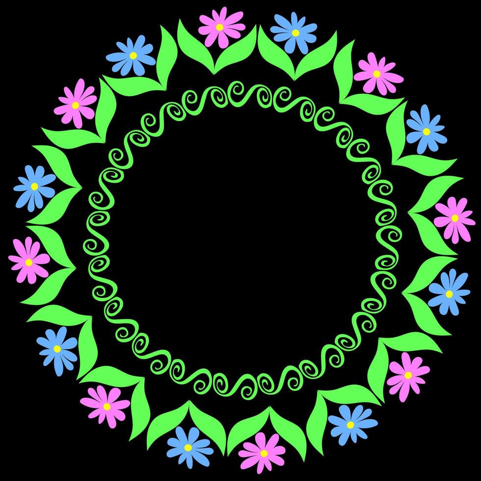 Round original frame decorated with a floral pattern of blue and pink flowers on a black background vector