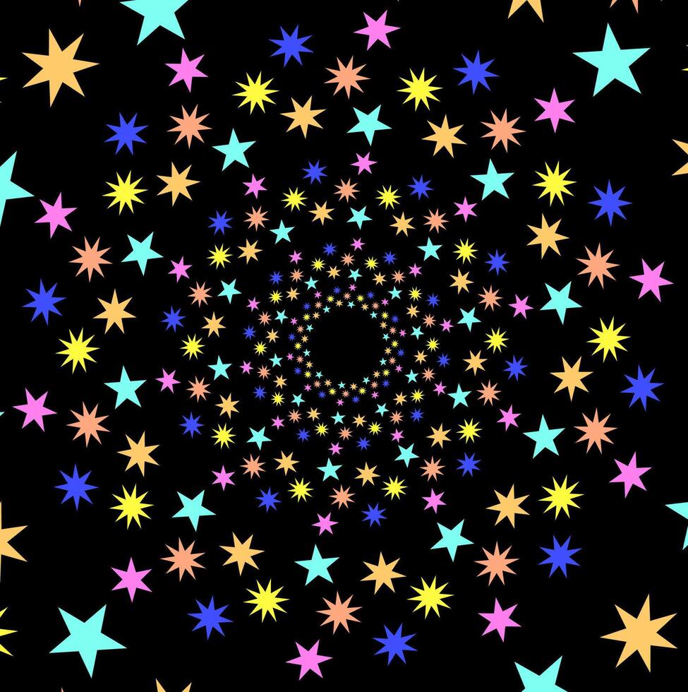 Abstract black background decorated with a pattern of multi-colored flowers arranged in a circle vector