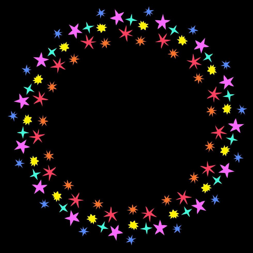 Round frame decorated with abstract pattern of multicolored stars drawn in doodle style vector