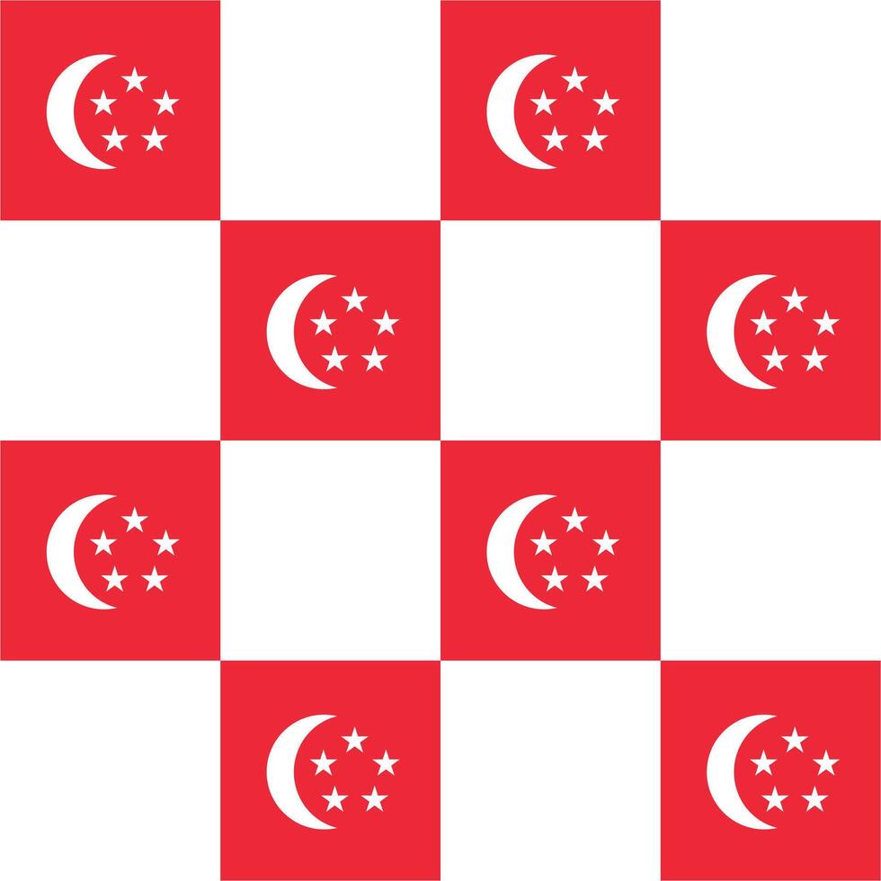Red and white crescent moon facing a pentagon of five small white five-pointed stars Singapore seamless checkered pattern vector