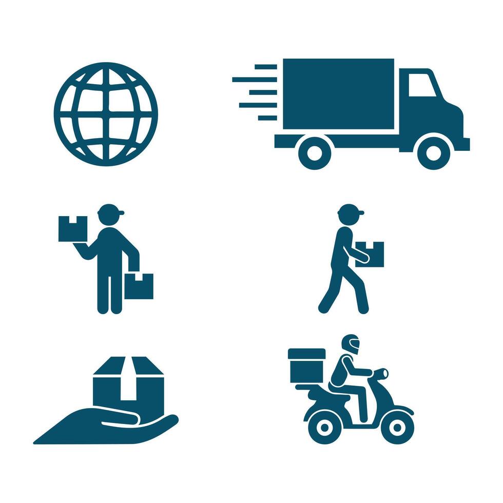 Delivery Icon Set, Global Delivery Business, Delivery Man, Delivery Truck, Rider Icon with Parcel on Scooter, Logistics Services vector