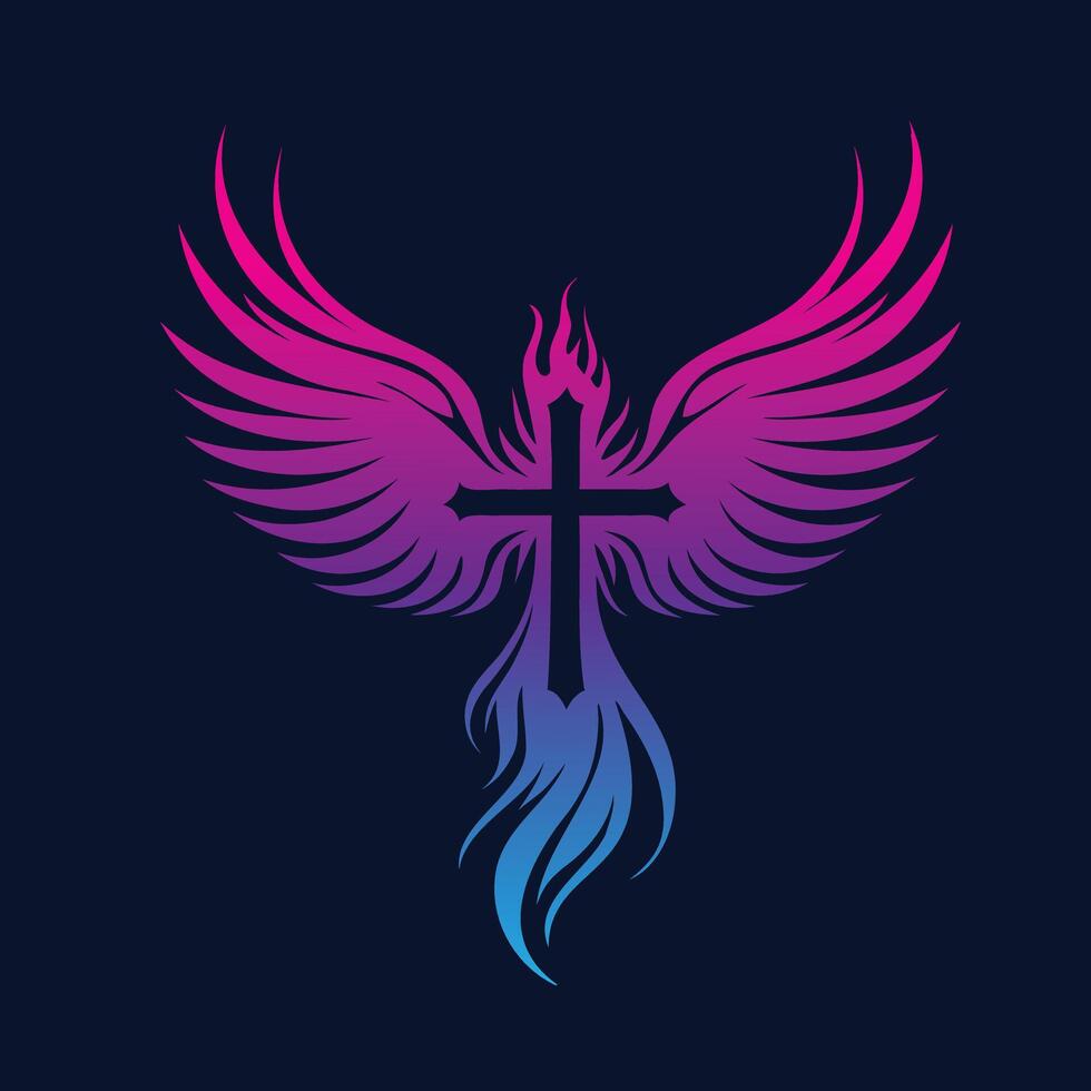 Fiery Dove with Holy Cross, Majestic phoenix Wings flames Cross, Pentecost Sunday, Holy Spirit Christian Symbol Tattoo Illustration vector