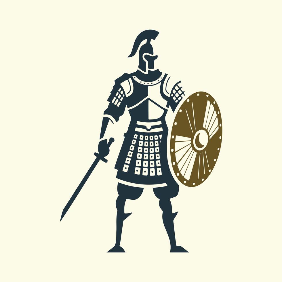 Ancient Soldier Spartan Silhouette, Roman Historical warriors military attire equipped with armor, shield, Spear, and sword vector