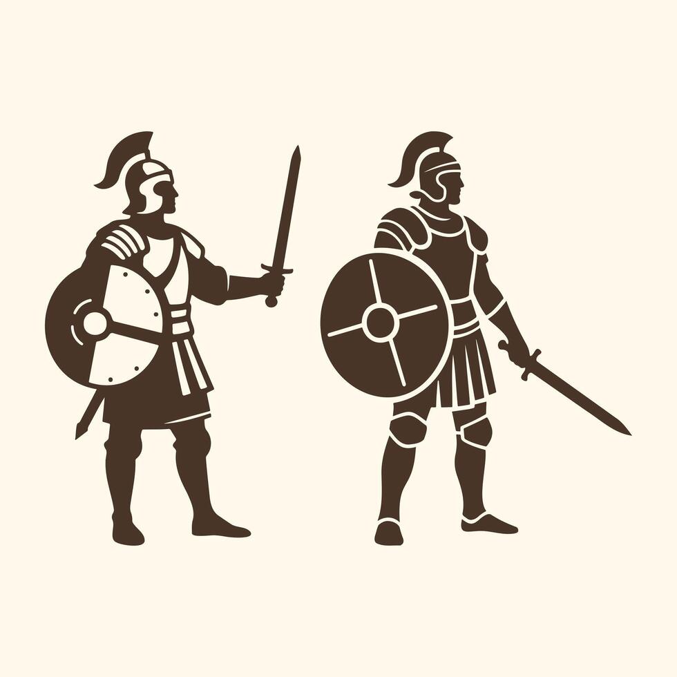 Ancient Soldiers Spartan Silhouette, Roman Historical warriors military attire equipped with armor, shields, Spear, and swords. vector