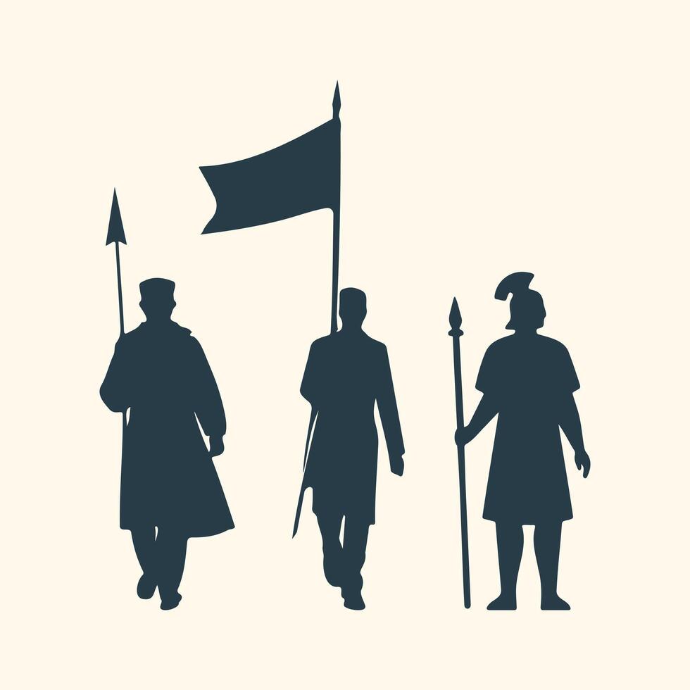 Ancient soldiers, Spartan Silhouette, Roman historical warriors, and military attire were equipped with armor, shields, Spears, and swords. vector