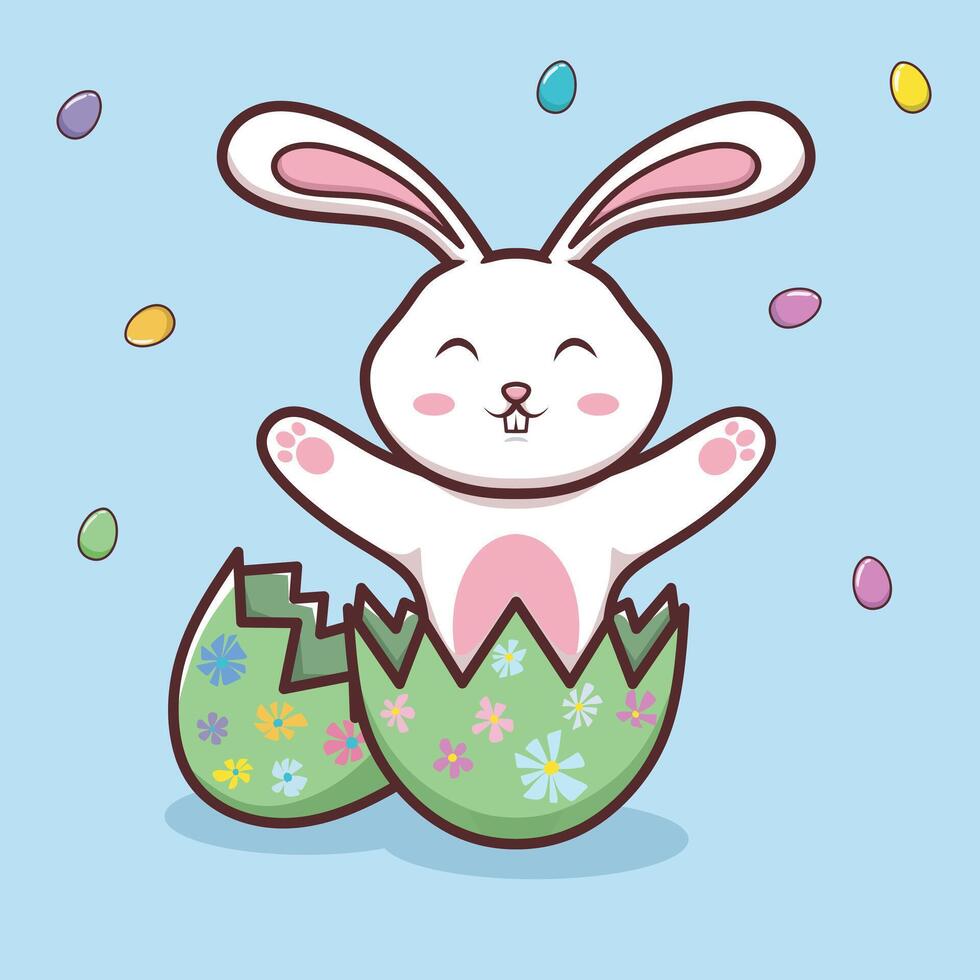 Cute cartoon of a baby bunny sitting inside a cracked Easter egg shell. The bunny looks cheerful in soft pastel colors. vector