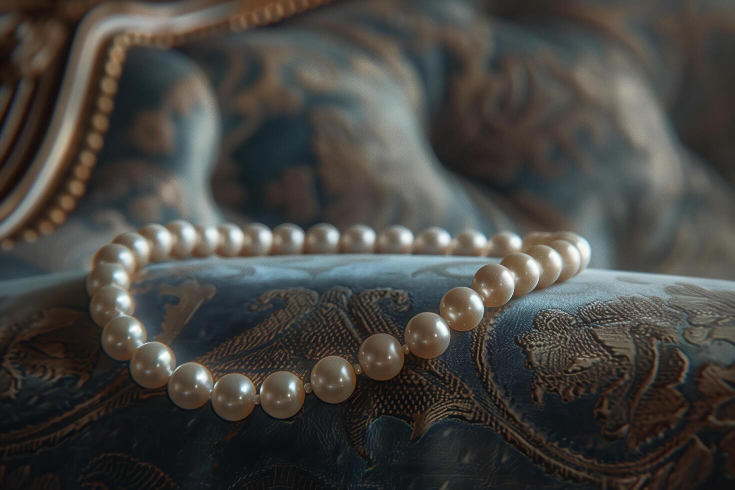 A pearl necklace on a blue chair photo