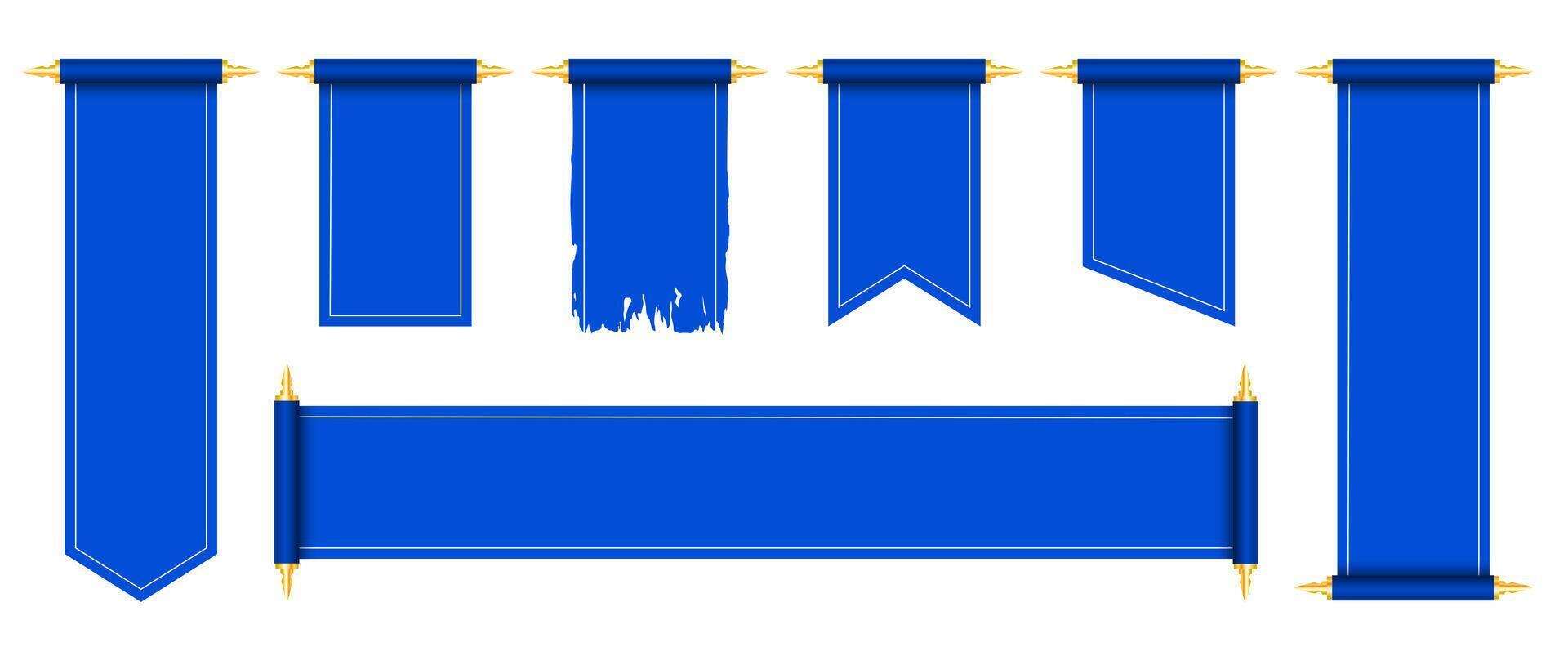 Blue pennant scroll mockup realistic design. Set of flag pennants vector