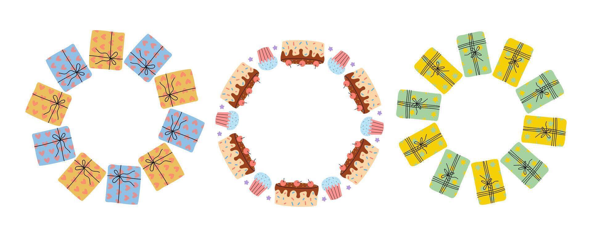 Colorful birthday decorations featuring cakes and presents in a festive arrangement vector