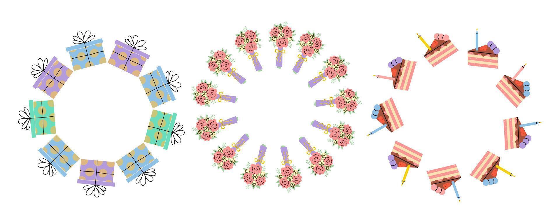 Circular arrangement of gifts, flowers, and cakes for celebration decorations vector