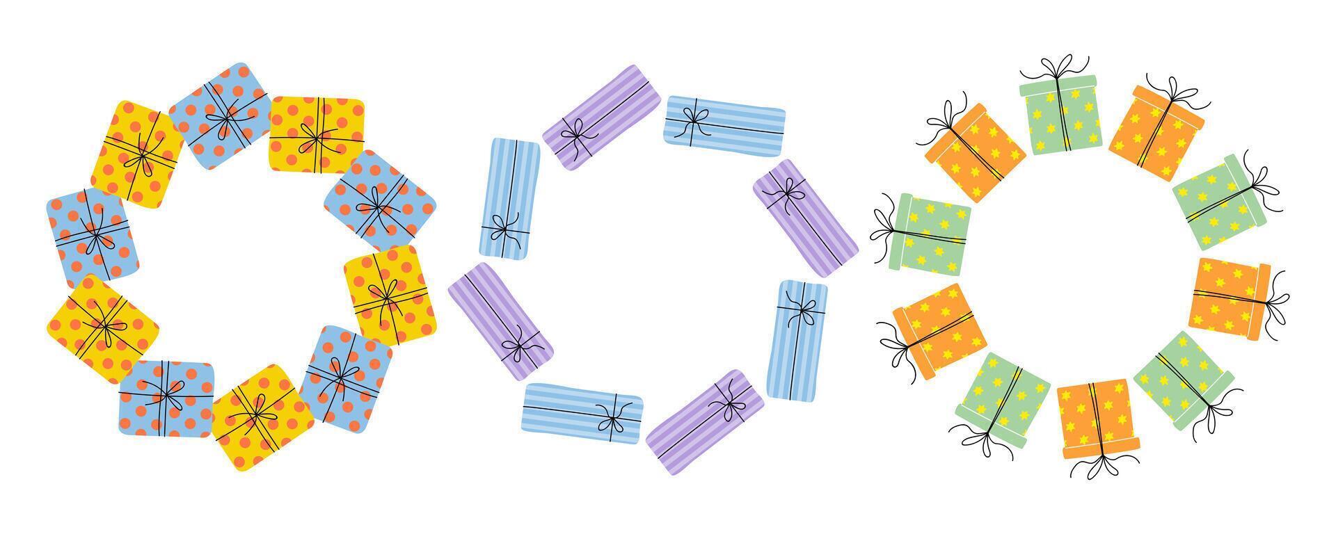Colorful gift boxes arranged in circular patterns for festive celebrations and events vector
