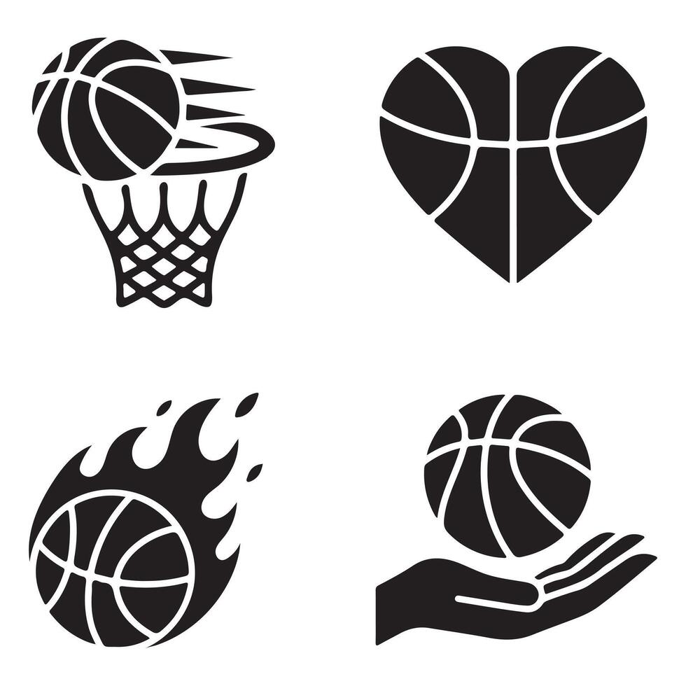 Sport icon Logo Set Collection With Basketball And Heart Symbols in Black Silhouettes vector