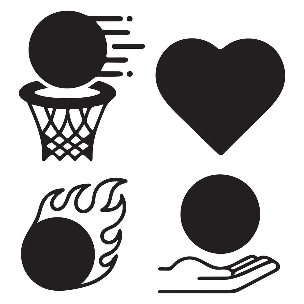 Sport icon Logo Set Collection With Basketball And Hearts Symbols in Black Silhouette Design vector