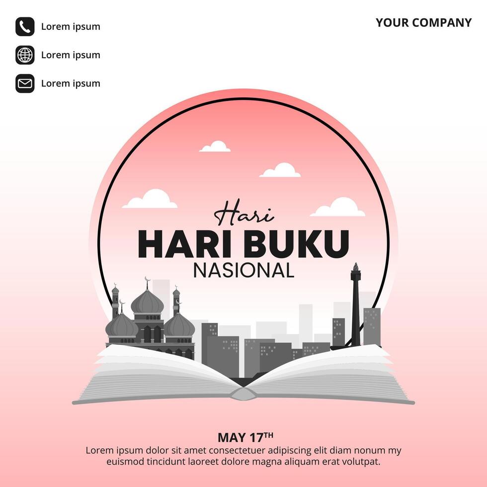 Hari Buku Nasional or Indonesia National Book Day with an open book and buildings vector