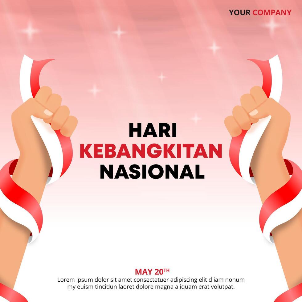 Hari Kebangkitan Nasional or Indonesia National Awakening Day design with a hand holding a flag vector