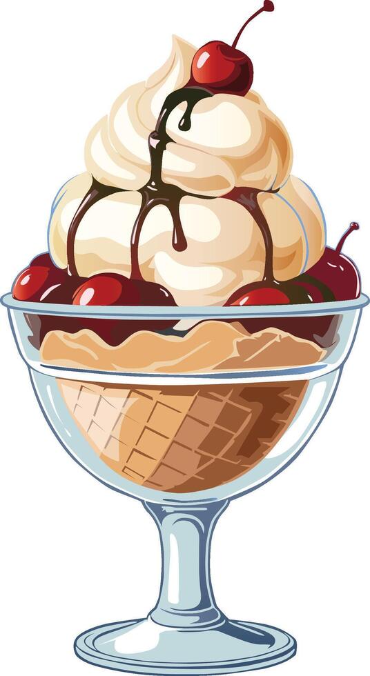 ice cream in glass cup with cherry and chocolatte vector