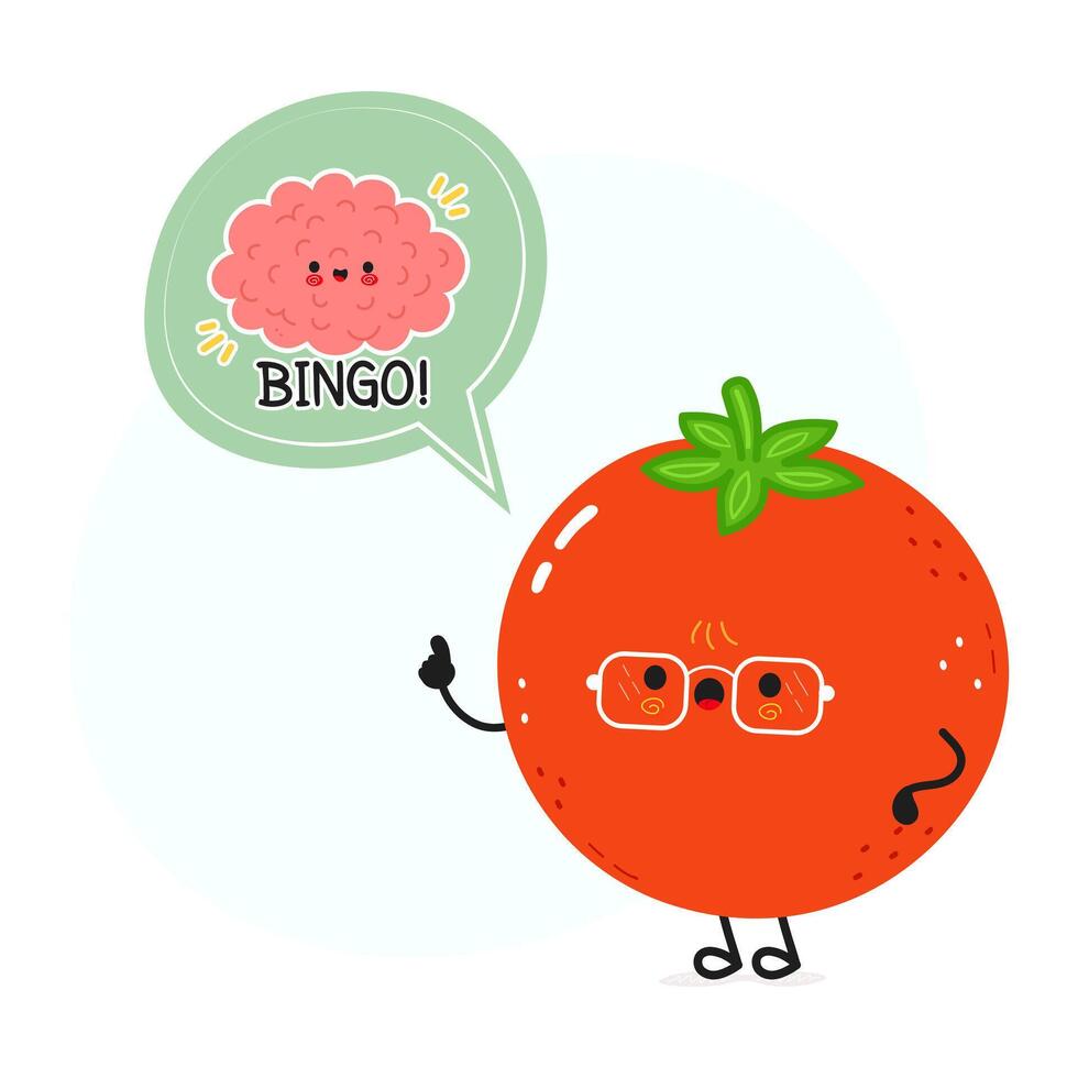 A cartoon Tomato with glasses and a brain is excited, saying bingo, representing a great idea. vector