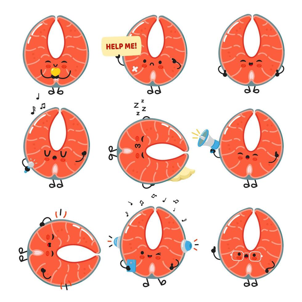 Playful cartoon Salmon slices showcase different expressions and engage in various activities. vector