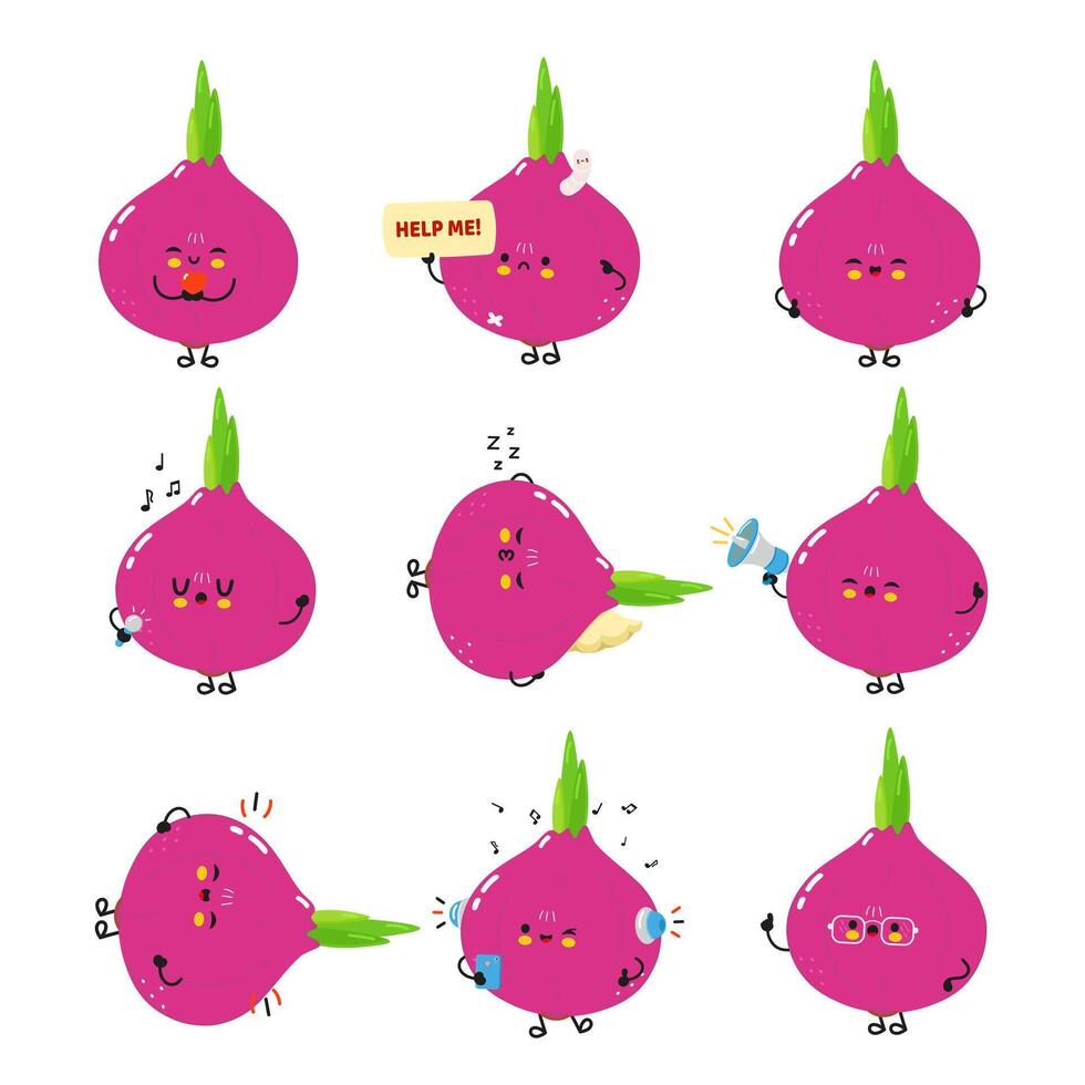 Playful cartoon illustrations featuring adorable Red Onions with various emotions and engaging activities. vector