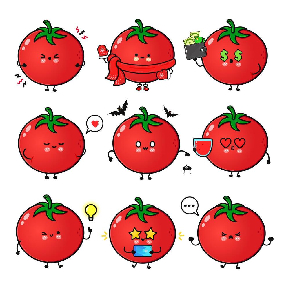 A series of adorable cartoon Tomatoes displaying various emotions, perfect for fun concepts and designs. vector