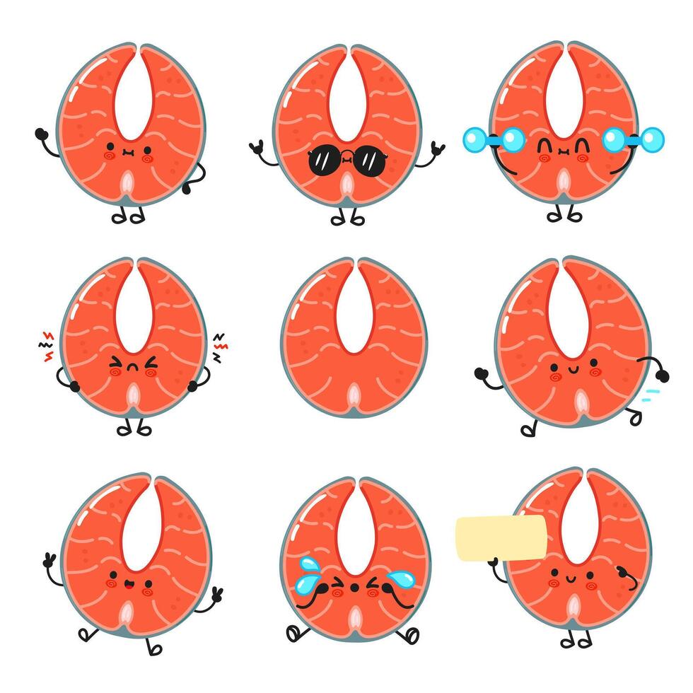 Cartoon Salmon slices displaying different emotions, perfect for conveying moods in a playful way. vector