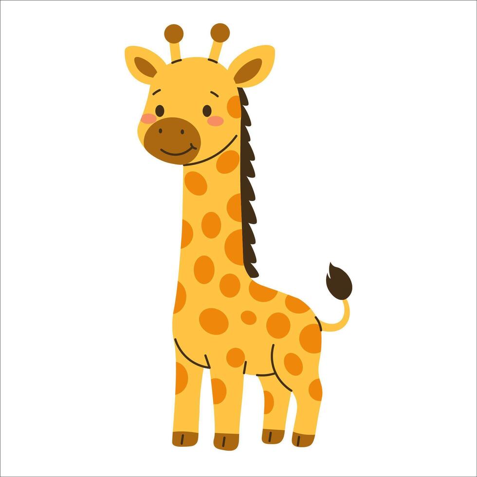 Flat style illustration of a cute cartoon giraffe standing, ideal for childrens books, jungle-themed projects, and playful animal designs vector