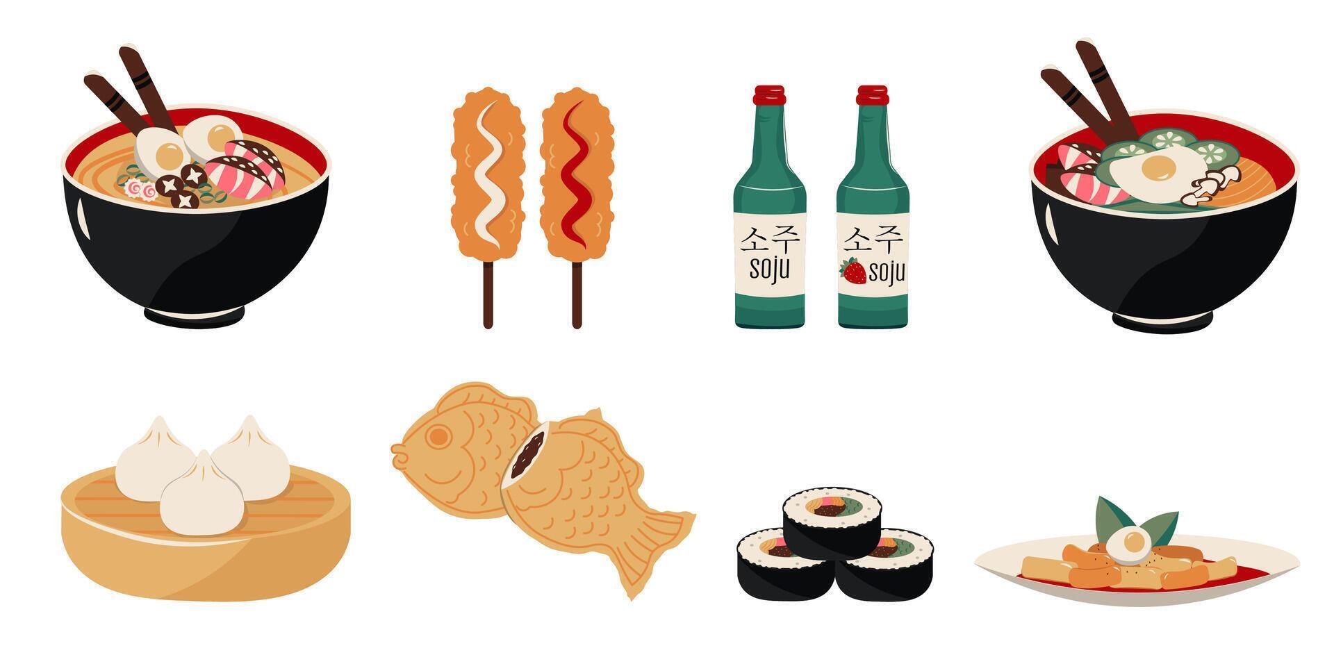Flat style illustration of various traditional Korean foods, including ramen, corn dog, kimbap, dumpling, taiyaki, tteokbokki, and soju bottles, ideal for menu design, culinary projects vector