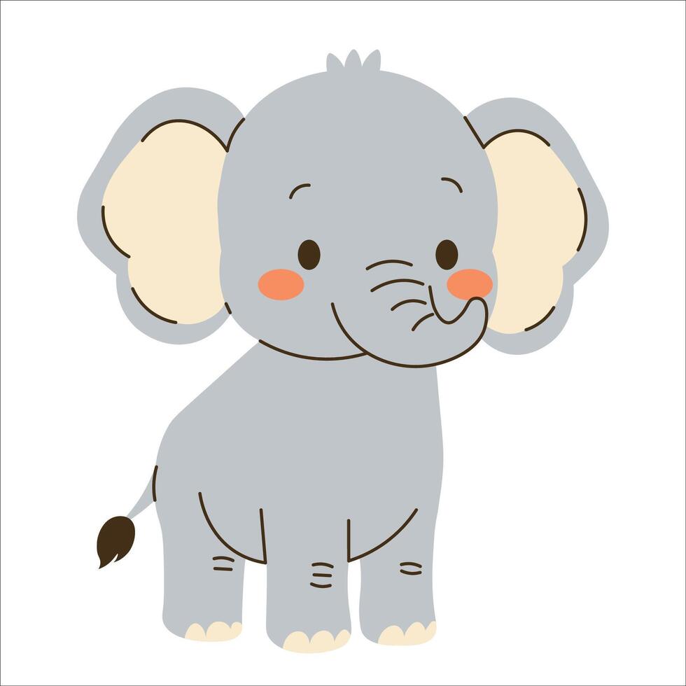 Flat style illustration of a cute baby elephant standing with a cheerful expression, ideal for childrens books, educational materials, and animal-themed designs. vector