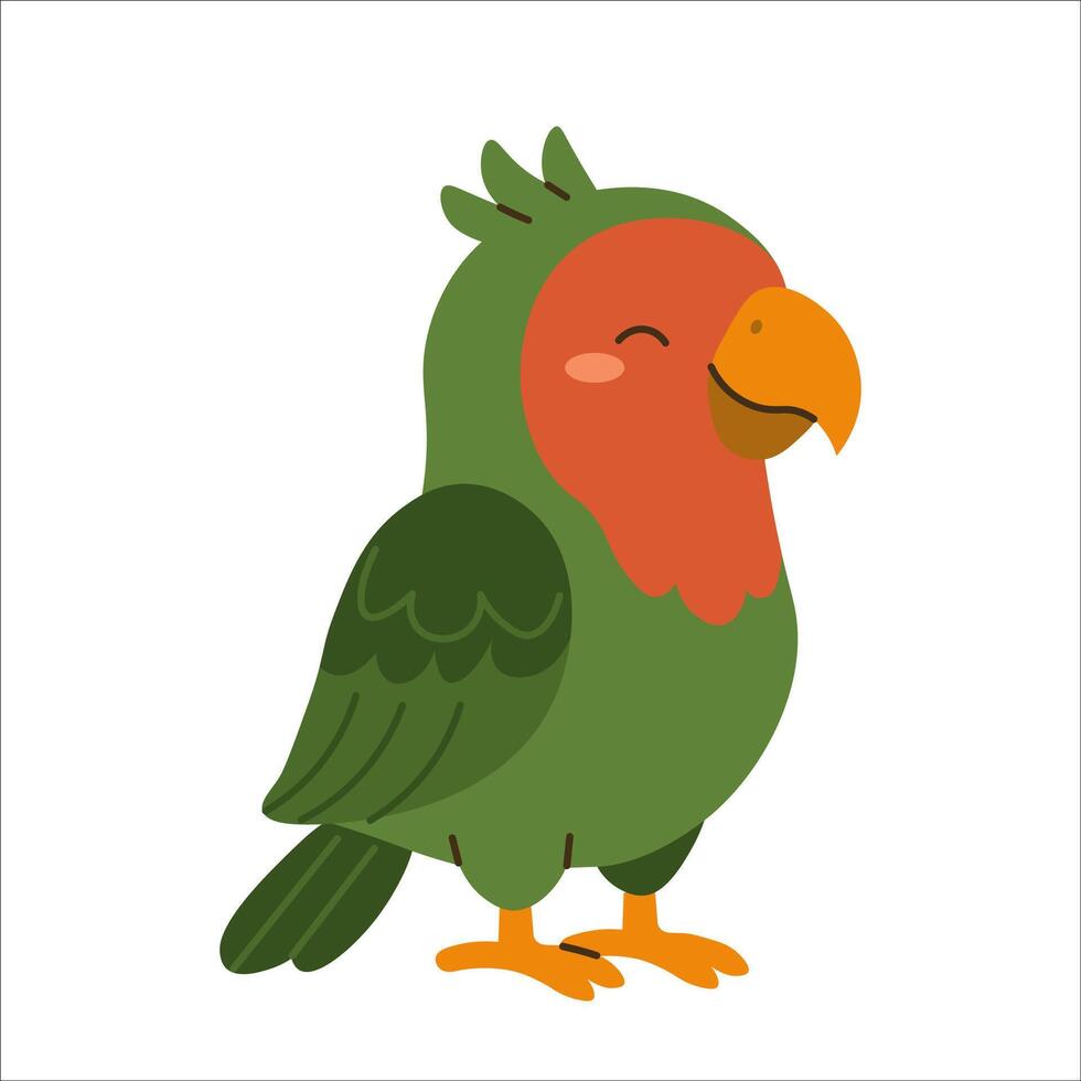 Flat style illustration of a cute green parrot with orange face, standing happily, ideal for childrens books, educational materials, and animal-themed designs vector