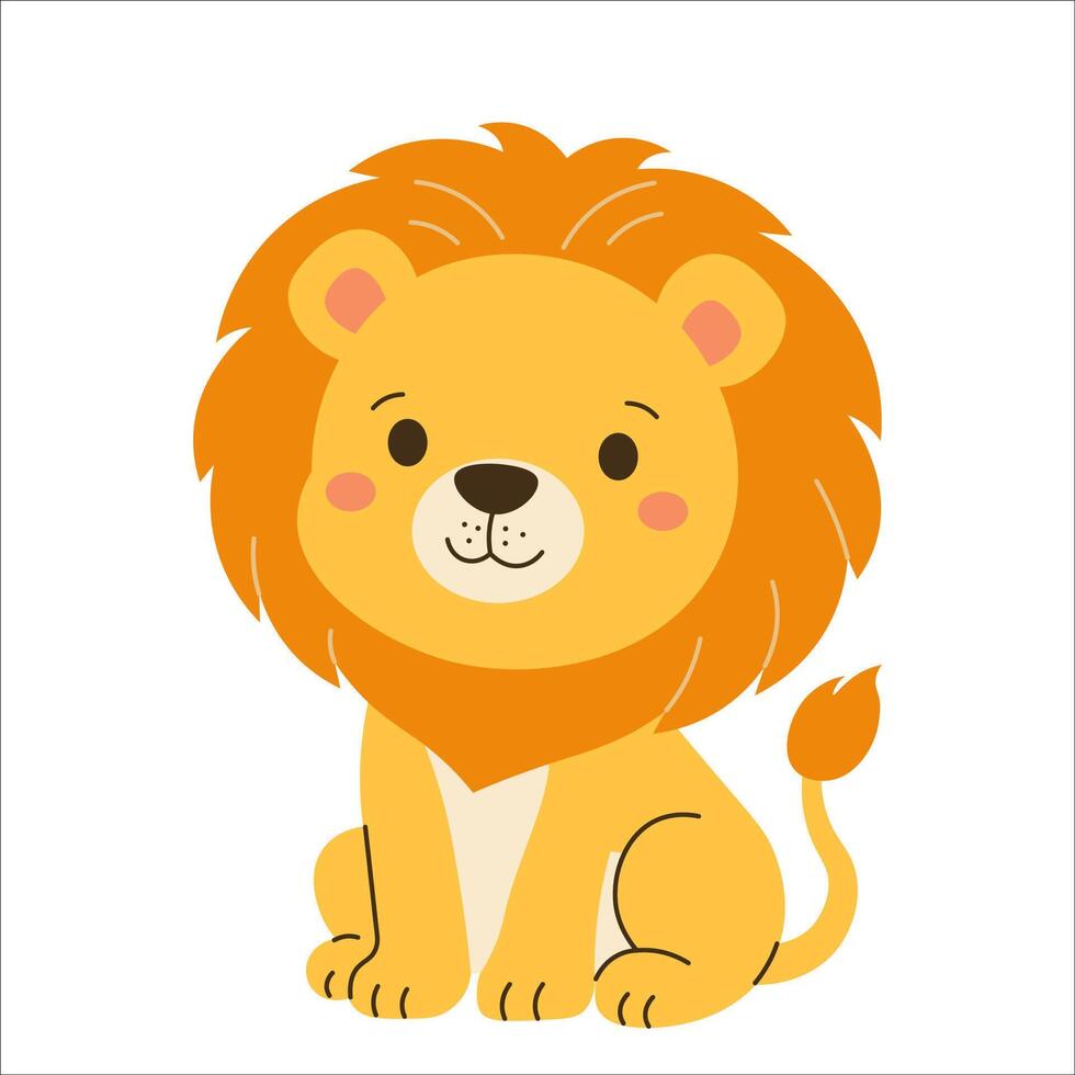 Flat style illustration of a cute lion sitting with a happy expression, perfect for childrens books, educational projects, and jungle-themed designs. vector