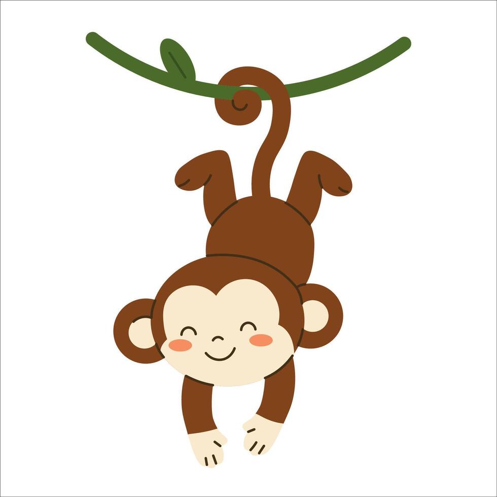 Flat style illustration of a cute monkey hanging upside down by its tail on a vine, perfect for childrens projects, jungle themes, and playful animal designs vector