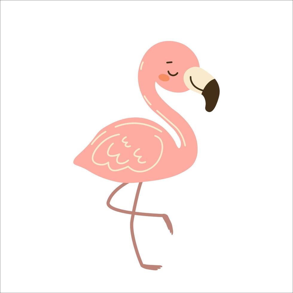 Flat style illustration of a cute pink flamingo standing on one leg, ideal for childrens projects, animal-themed designs, and playful tropical decor. vector
