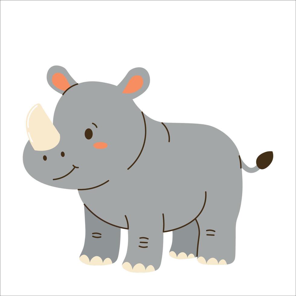 Flat style illustration of a cute rhinoceros standing on white background, perfect for childrens books, educational materials, jungle-themed designs, and playful animal collections. vector