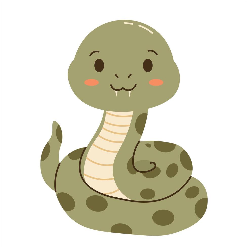Flat style illustration of a cute cartoon snake with a friendly smile and spotted body, perfect for childrens books, educational materials, and jungle-themed designs. vector