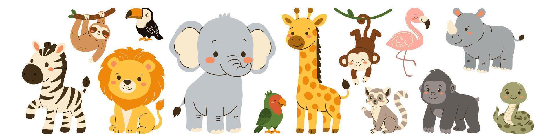 Flat style illustration of cute jungle animals including zebra, lion, elephant, giraffe, monkey, flamingo, rhinoceros, parrot, lemur, gorilla, sloth, toucan, and snake vector