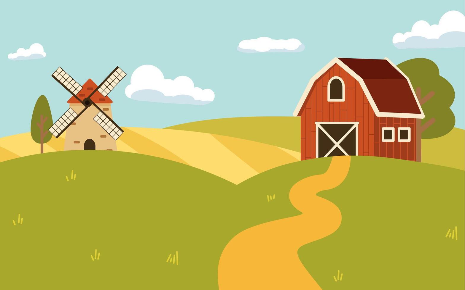 Flat style illustration of a cheerful farm scene. Farm landscape vector