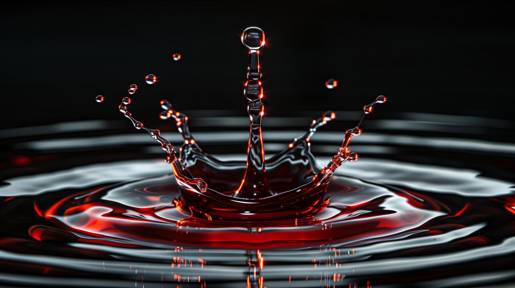 A red liquid drop is falling into a black water surface photo