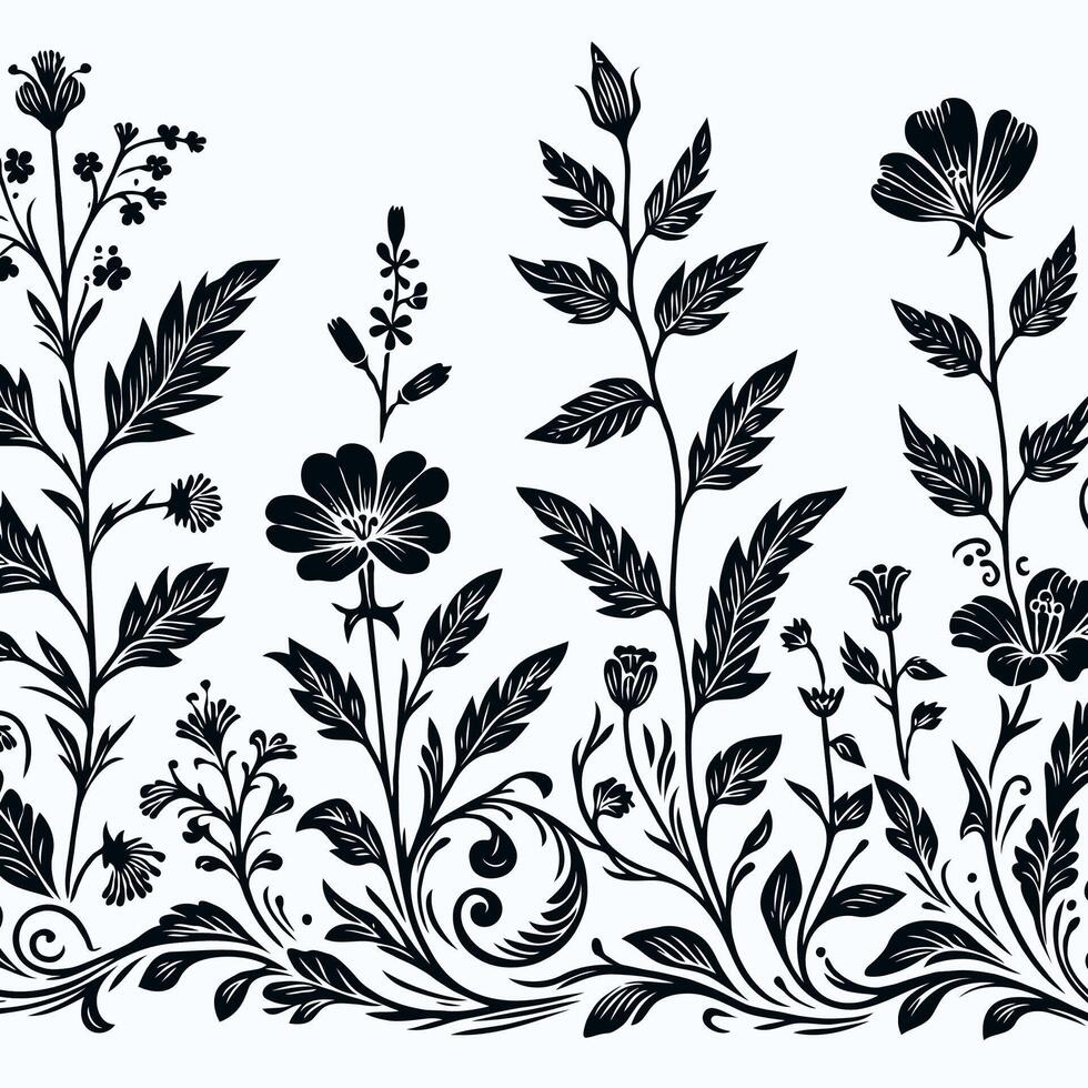 Hand drawn wildflowers Botanical drawing silhouettes. line art grasses, stems illustration. Black and White Meadow herbs. Herbaceous blooming plants. Set of outline doodle floral sketch Leaves vector
