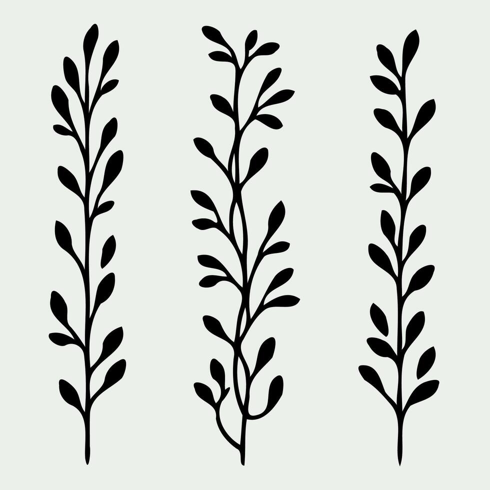 Hand drawn branches Botanical drawing. Simple line art frieze, stems frame illustration. Black and White Meadow herbs. Stylized blooming twigs plants. Set of outline doodle floral sketch Leaves border vector