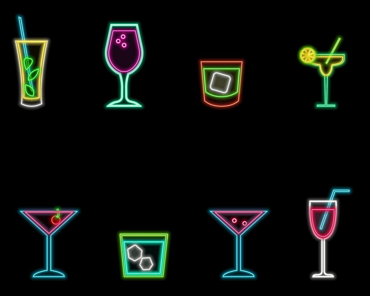 Neon colored cocktails. neon style drinks icons. several colorful models. vector
