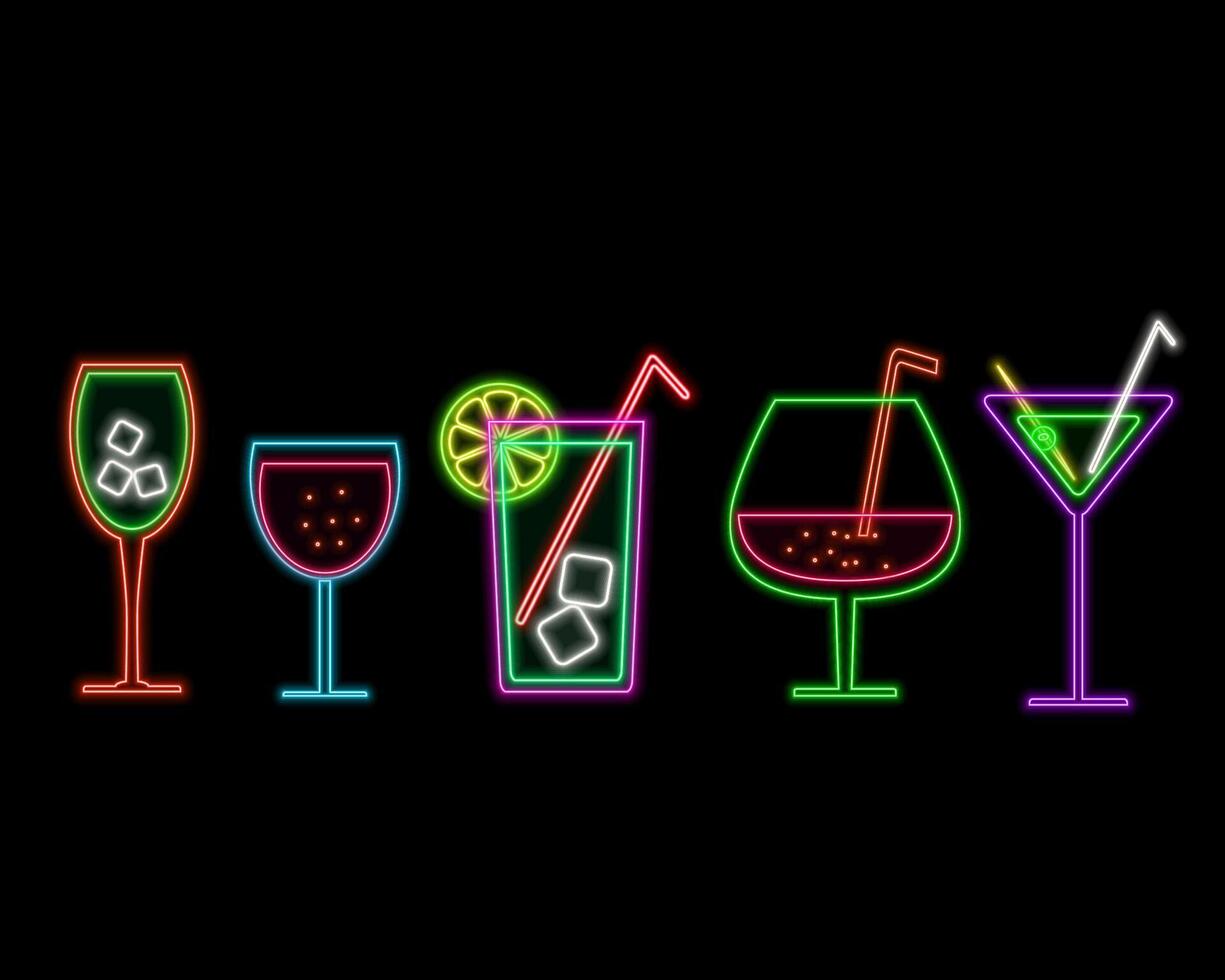 Collection of neon style cocktail signs. Cocktail umbrella neon icon. Cherry cocktail on neon sign. neon drinks. vector
