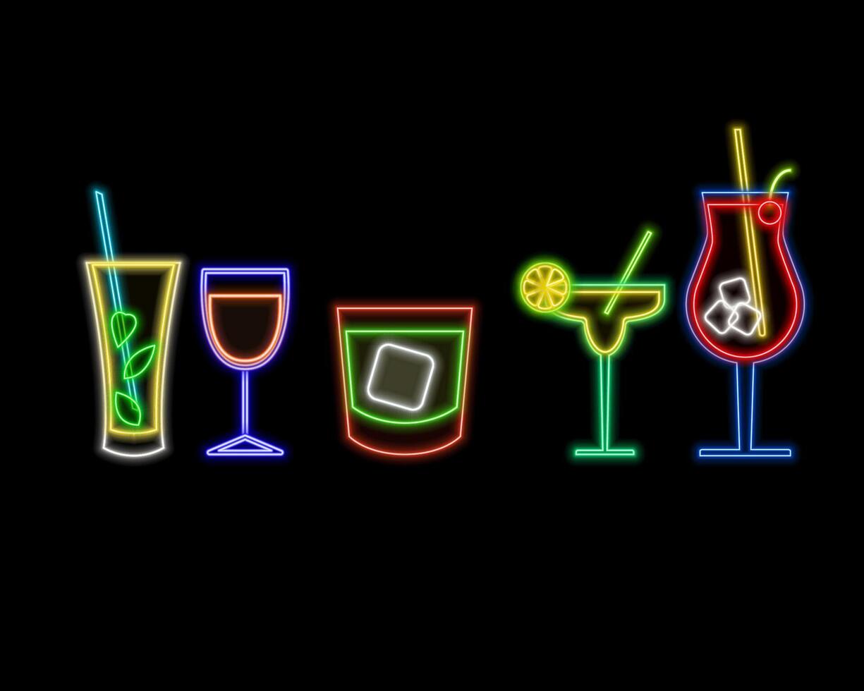 Collection of cocktails styled with neon lights. Set of colorful neon cocktails. Cocktail neon sign in glowing glass. neon style. vector