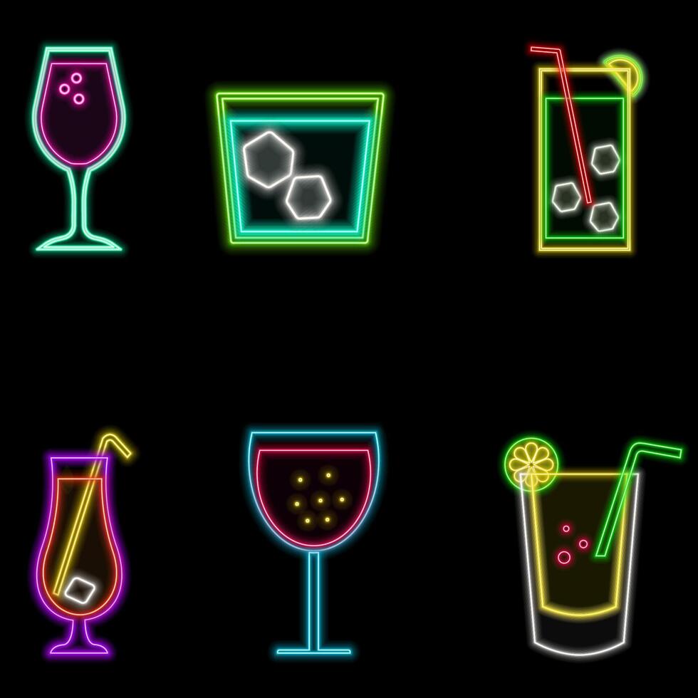 Cocktail background. illustration of abstract bright neon colorful different cocktail glasses. neon drinks. vector