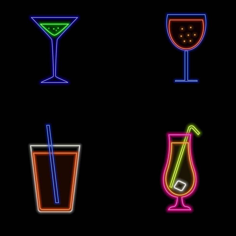 Cocktail. Round linear cocktail glass logo. Big set of glowing neon clinking wine, wheskey, champagne. Led light sign for pub signboard vector