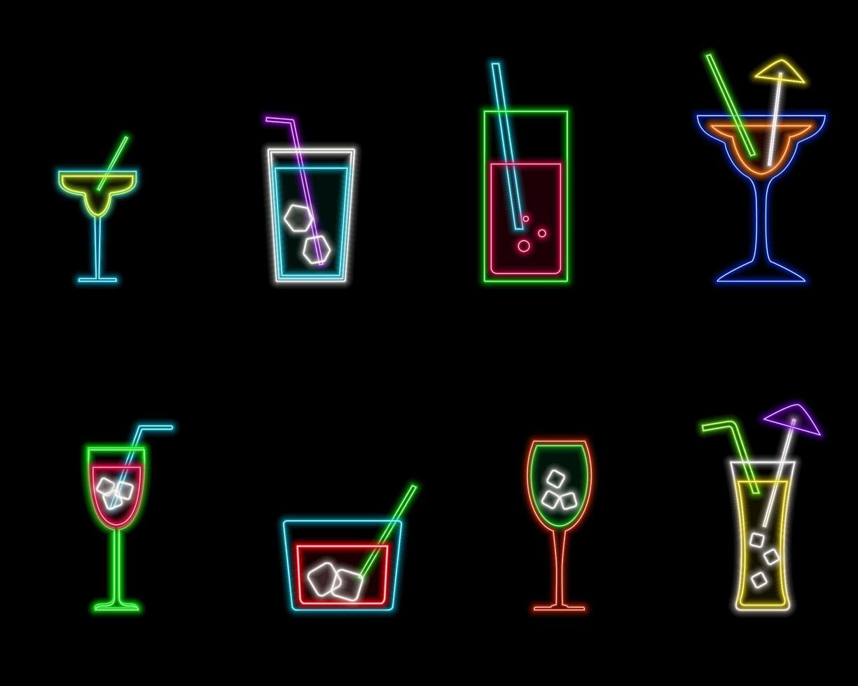 Glowing cocktails neon sign. Fluorescent glowing signboard with party drinks. Illuminated drink symbol. Bright signage for bar or club. vector