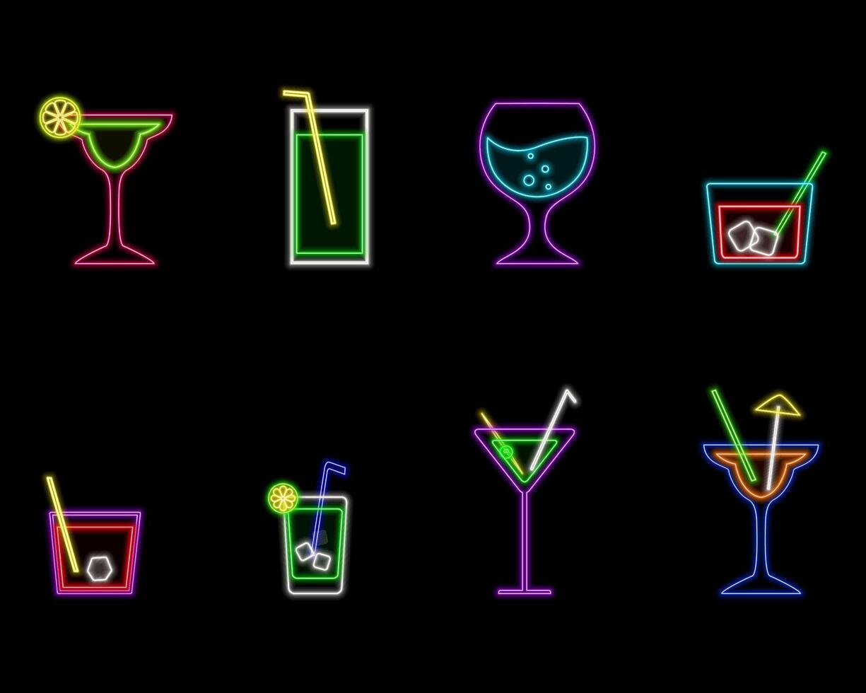 glowing neon cocktails. Martini. set of drinks. Icon for night restaurant background. LED luminous sign for cocktail bar. vector